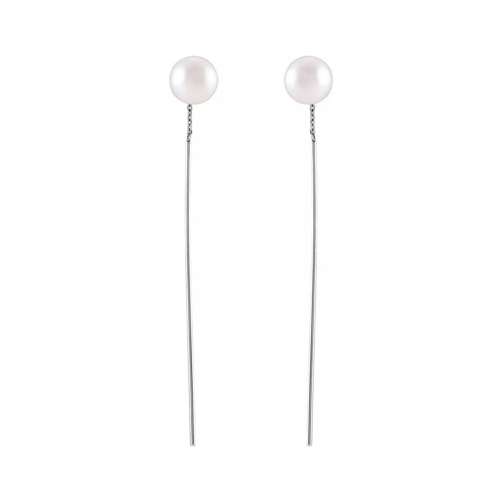 14K Yellow or White Gold FW Cultured Pearl Threader Earrings, 59mm