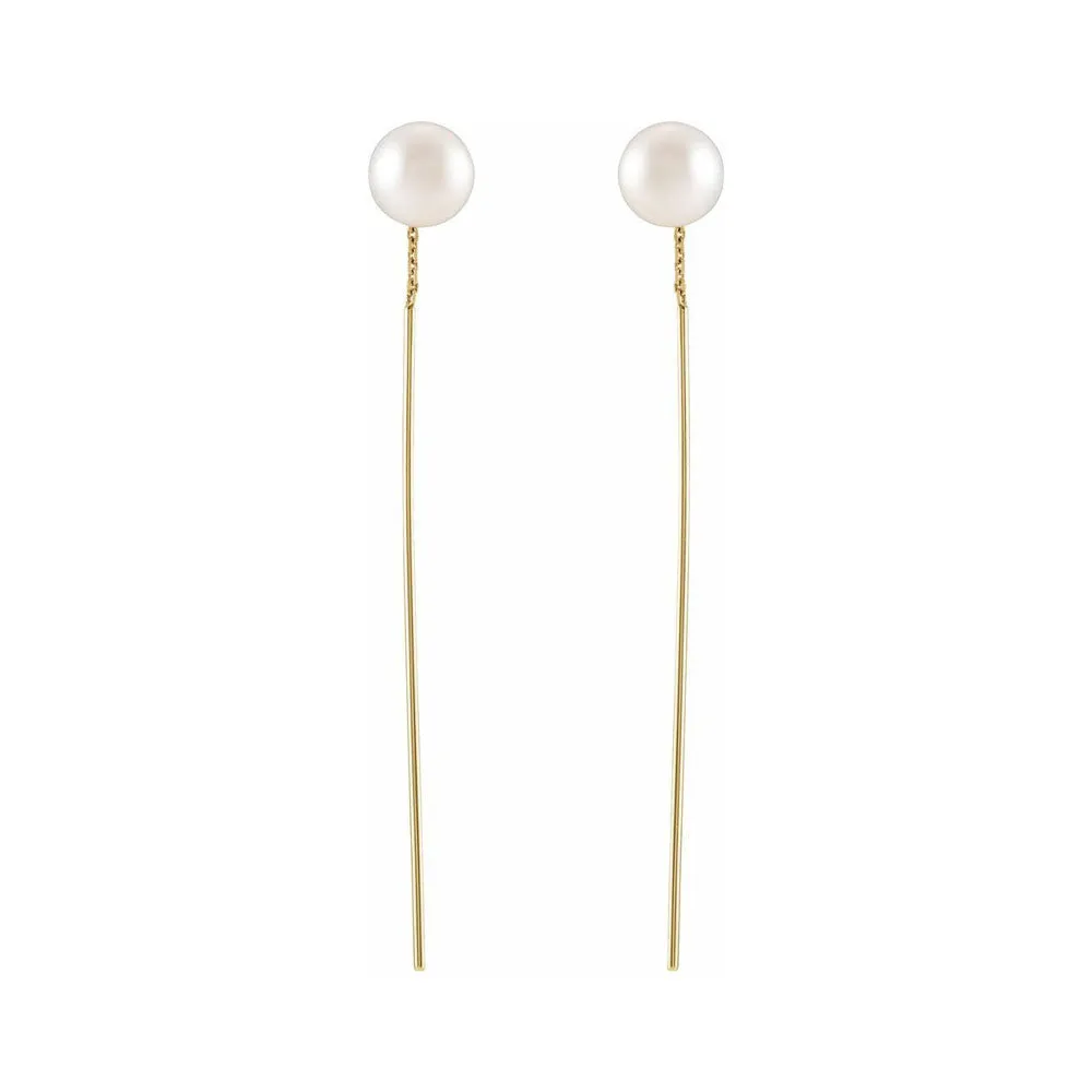 14K Yellow or White Gold FW Cultured Pearl Threader Earrings, 59mm