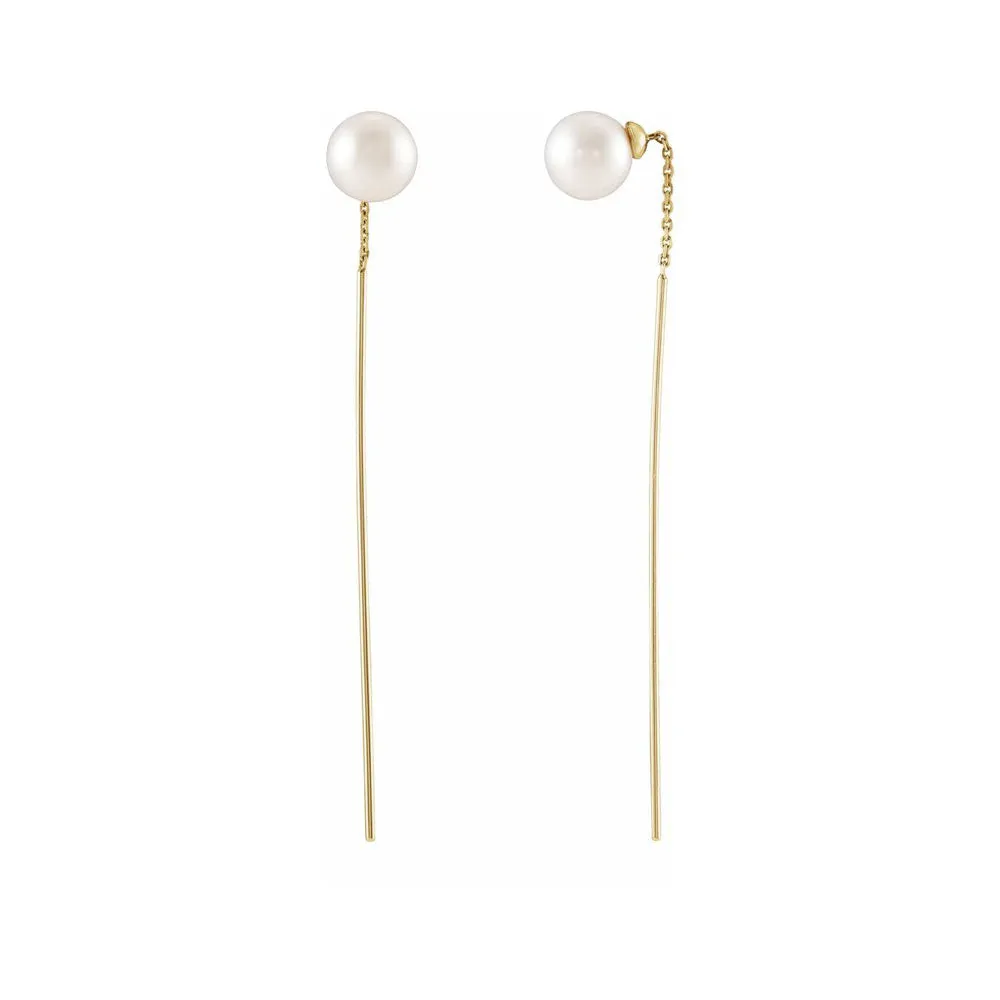 14K Yellow or White Gold FW Cultured Pearl Threader Earrings, 59mm