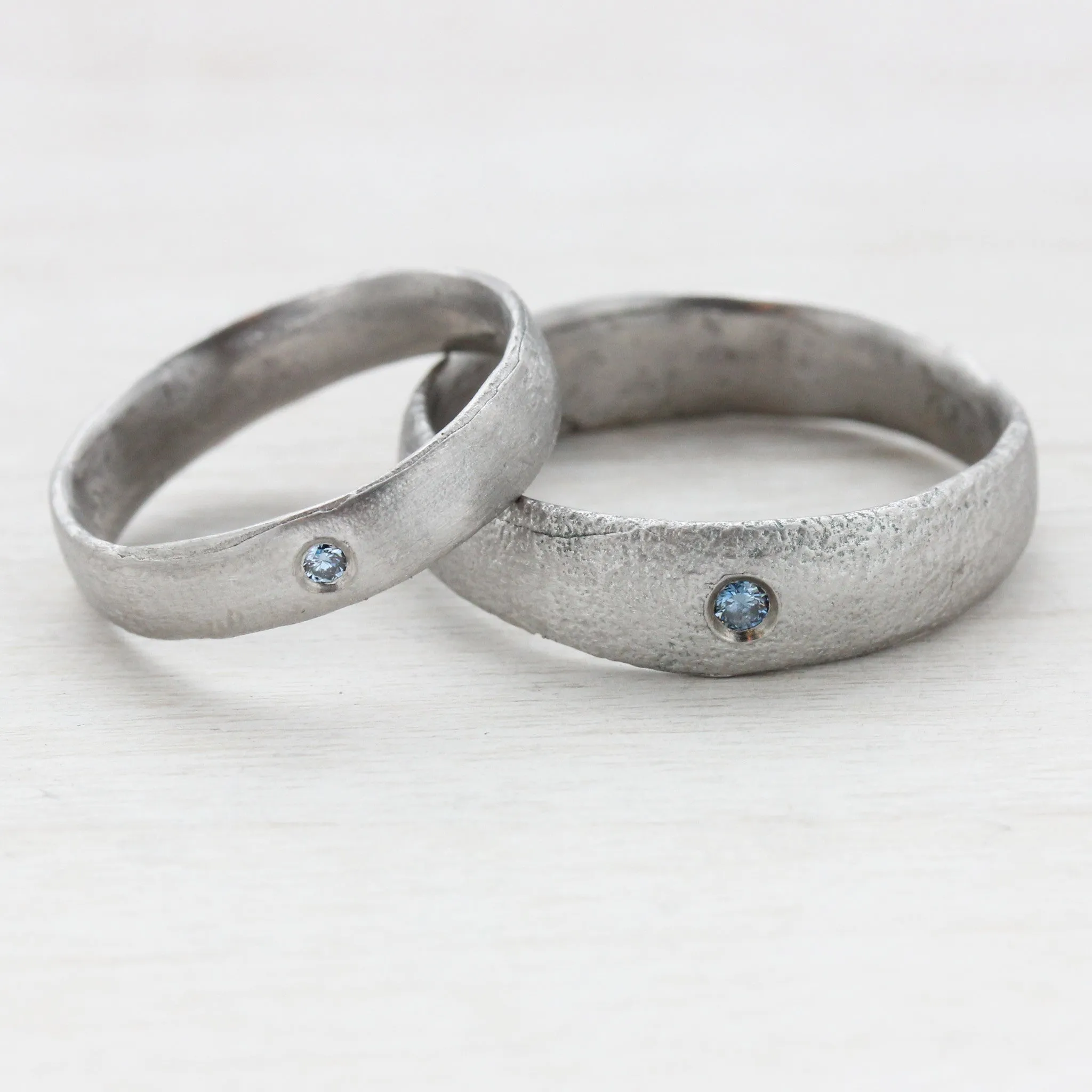 Ancient Texture Bands with Flush Set Blue Diamonds