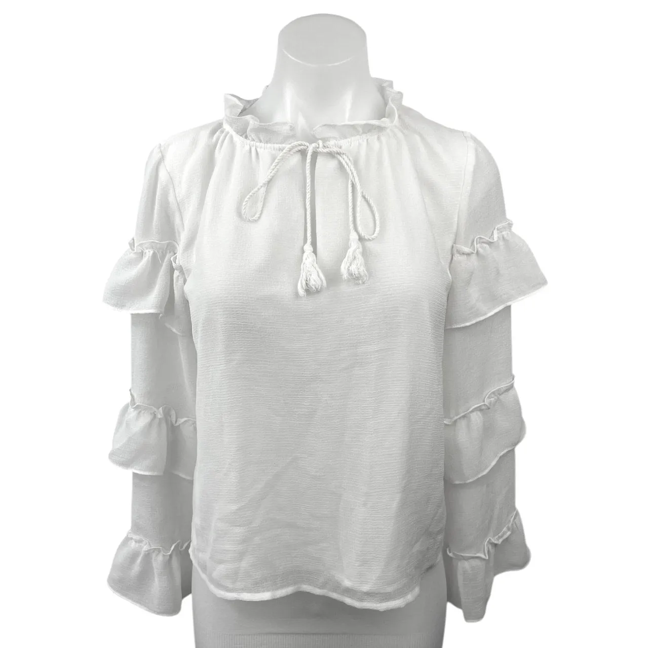 BB Dakota White Chiffon Ruffle Tassels V-neck Long Sleeves Blouse Top Size XS