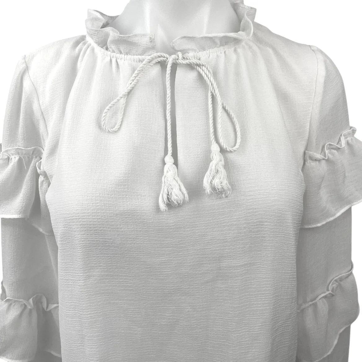 BB Dakota White Chiffon Ruffle Tassels V-neck Long Sleeves Blouse Top Size XS