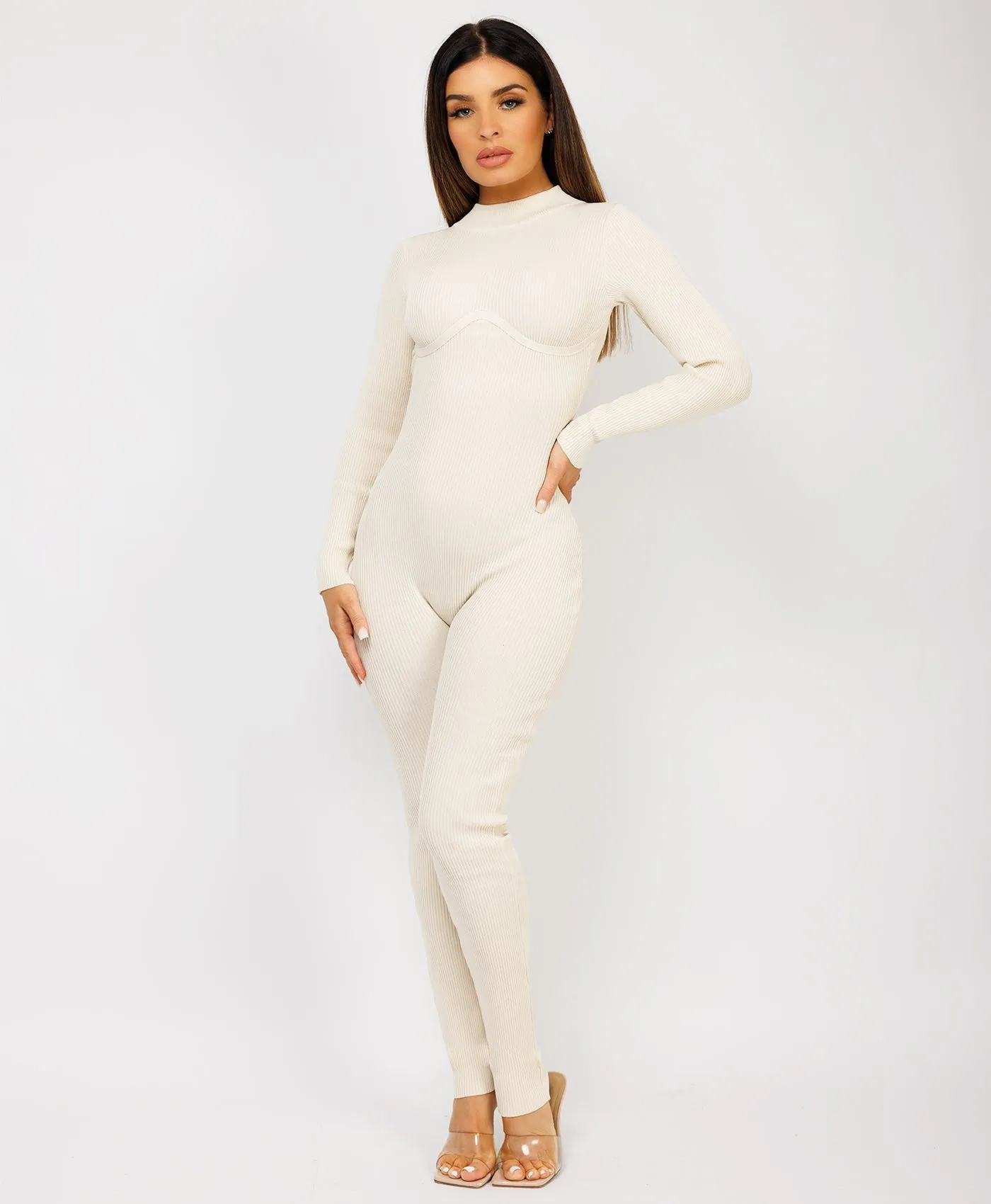 Beige Ribbed Underbust Detail Long Sleeves Jumpsuit