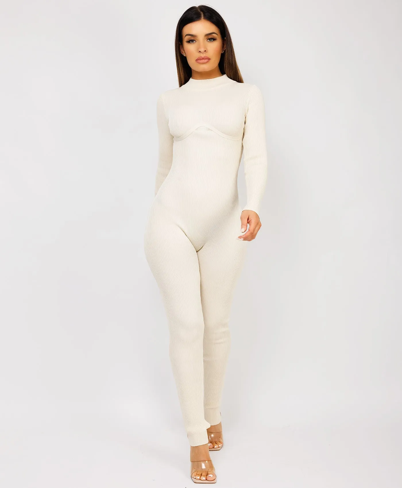 Beige Ribbed Underbust Detail Long Sleeves Jumpsuit