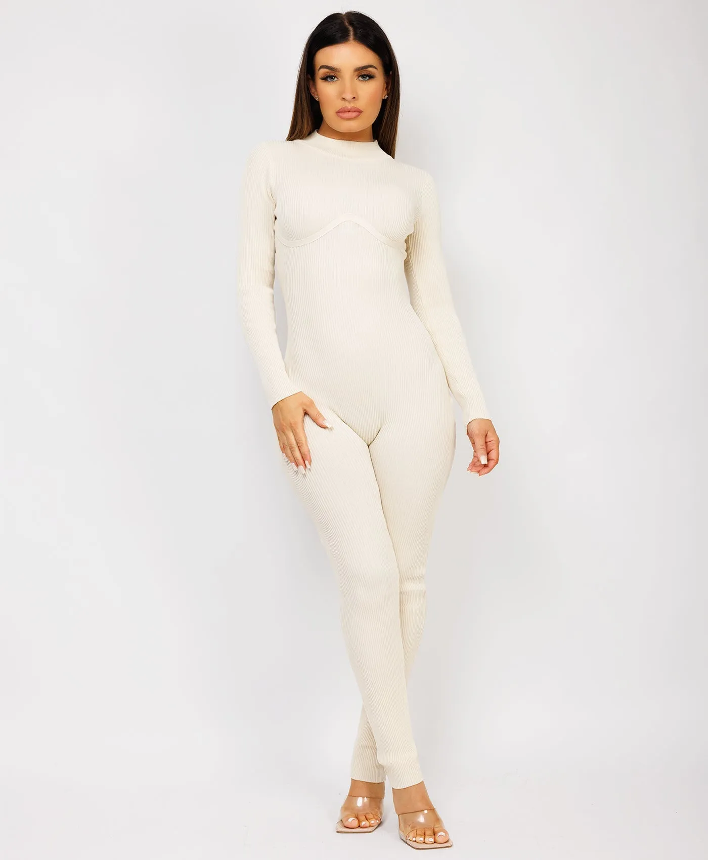 Beige Ribbed Underbust Detail Long Sleeves Jumpsuit