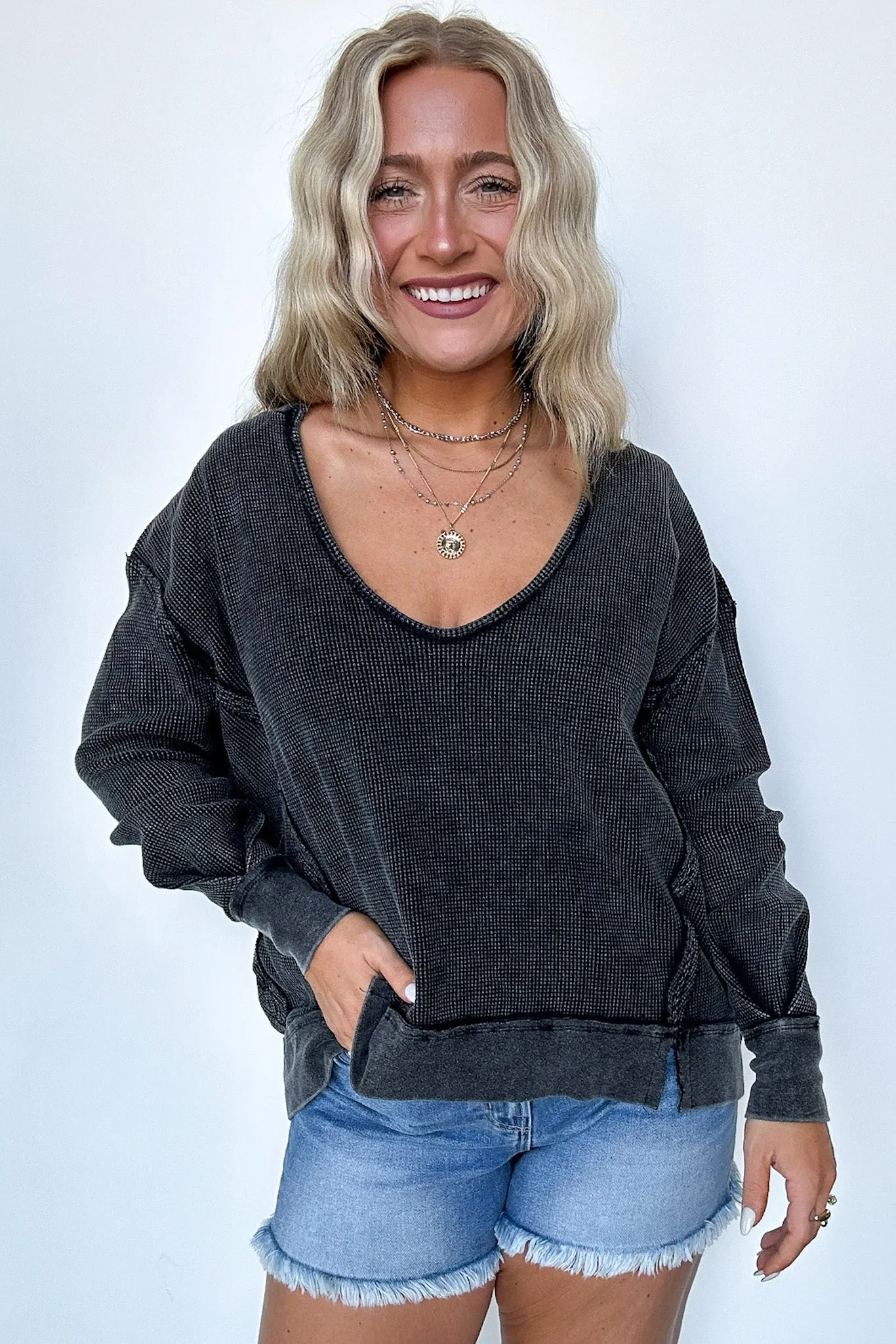 Braelyn V-Neck Oversized Waffle Knit Pullover