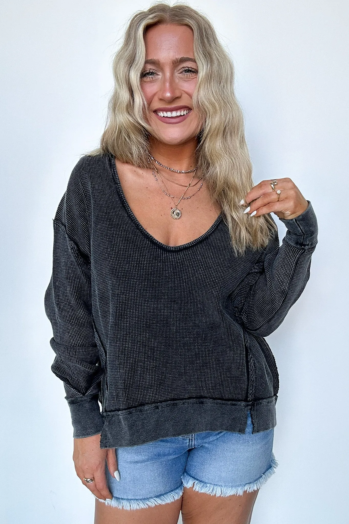 Braelyn V-Neck Oversized Waffle Knit Pullover