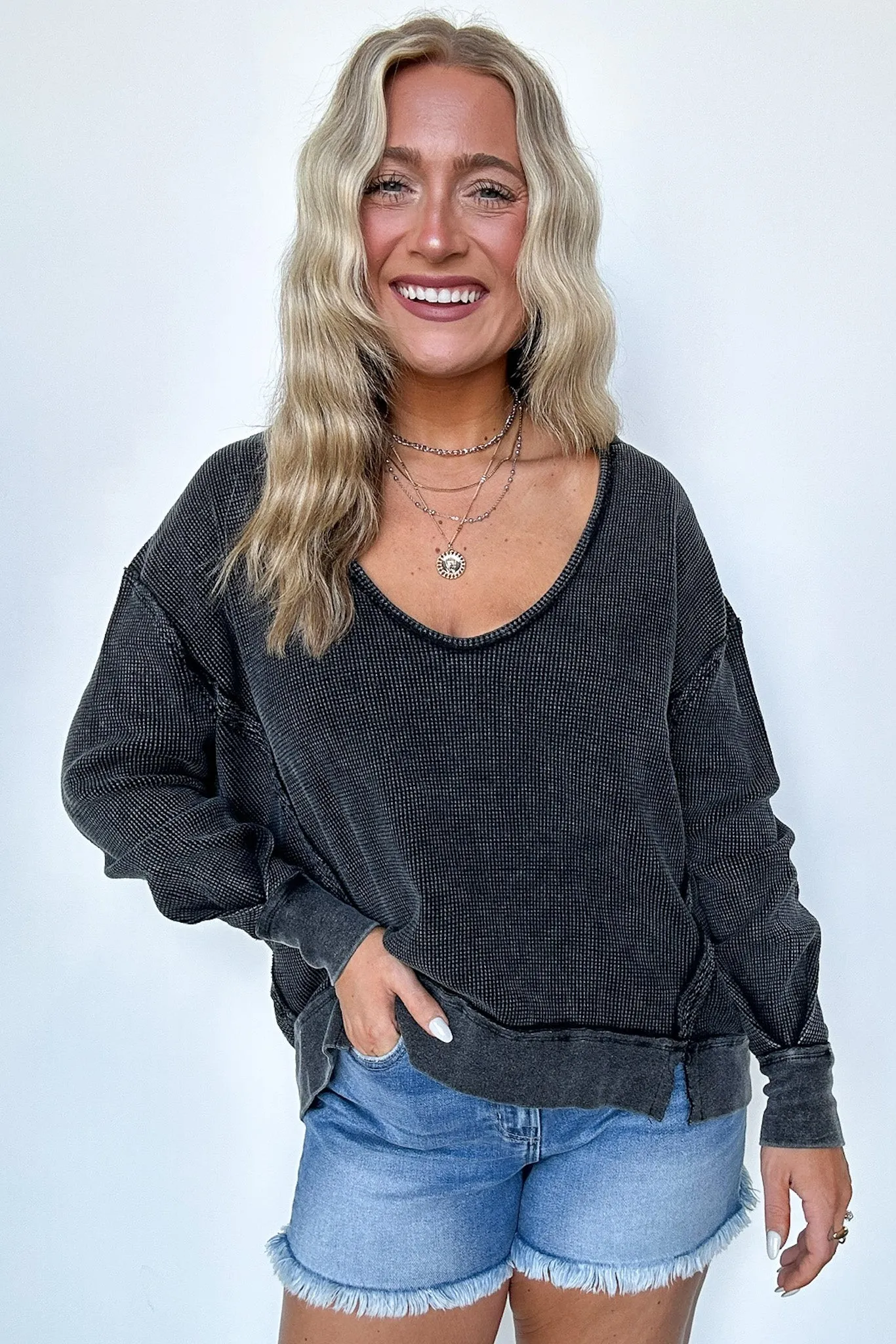 Braelyn V-Neck Oversized Waffle Knit Pullover