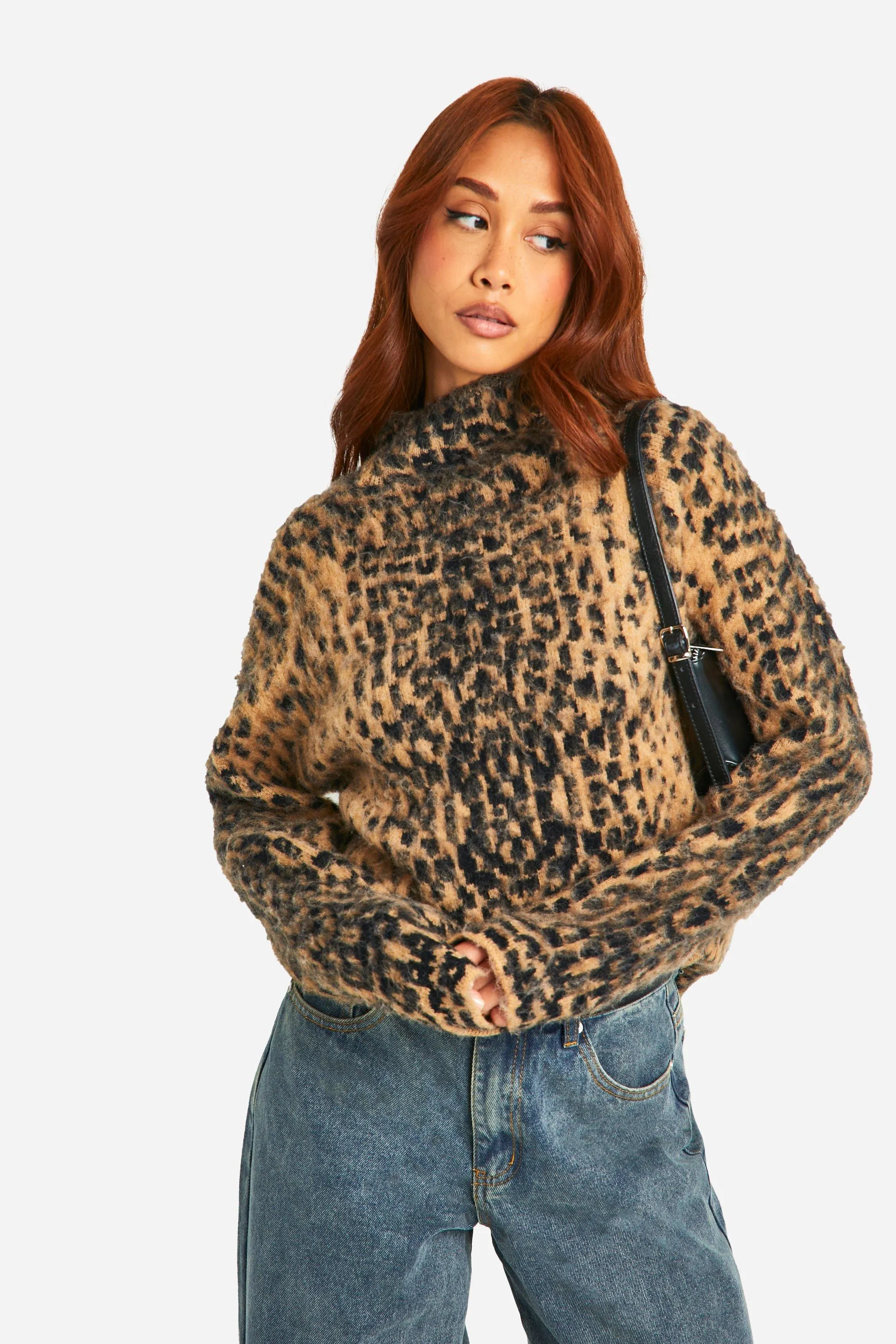 Brushed Leopard Knitted Turtleneck Sweater