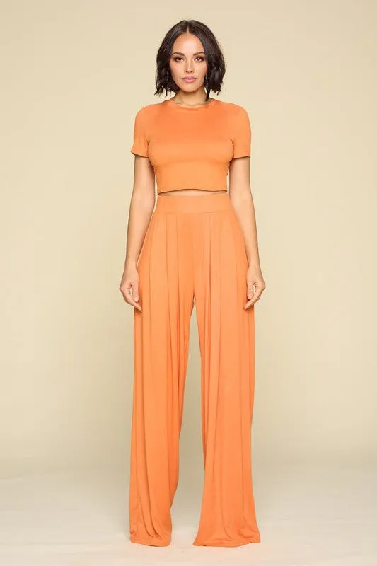 Crop Top And Wide Leg Palazzo Pants Set