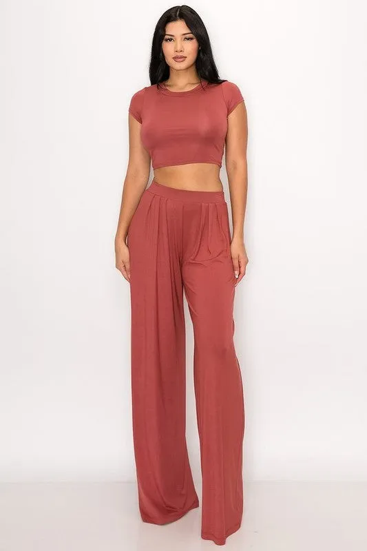 Crop Top And Wide Leg Palazzo Pants Set