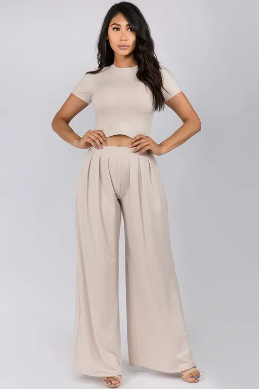 Crop Top And Wide Leg Palazzo Pants Set