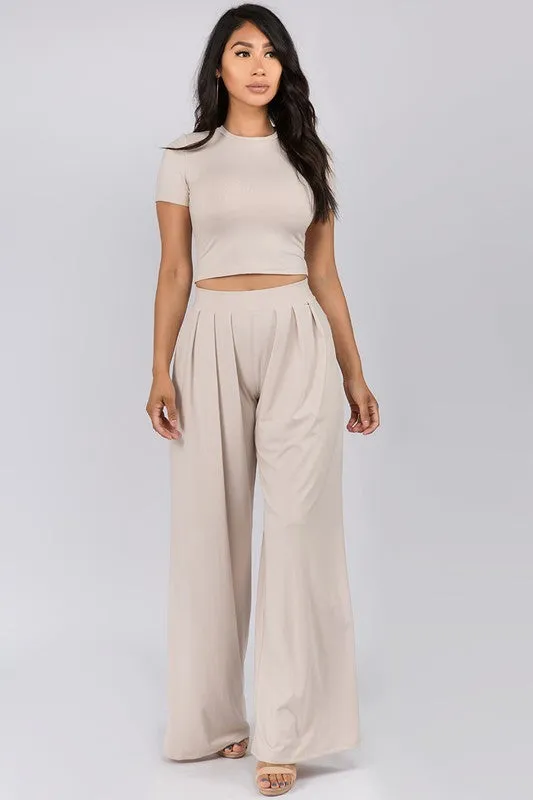 Crop Top And Wide Leg Palazzo Pants Set