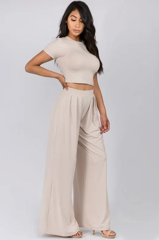 Crop Top And Wide Leg Palazzo Pants Set