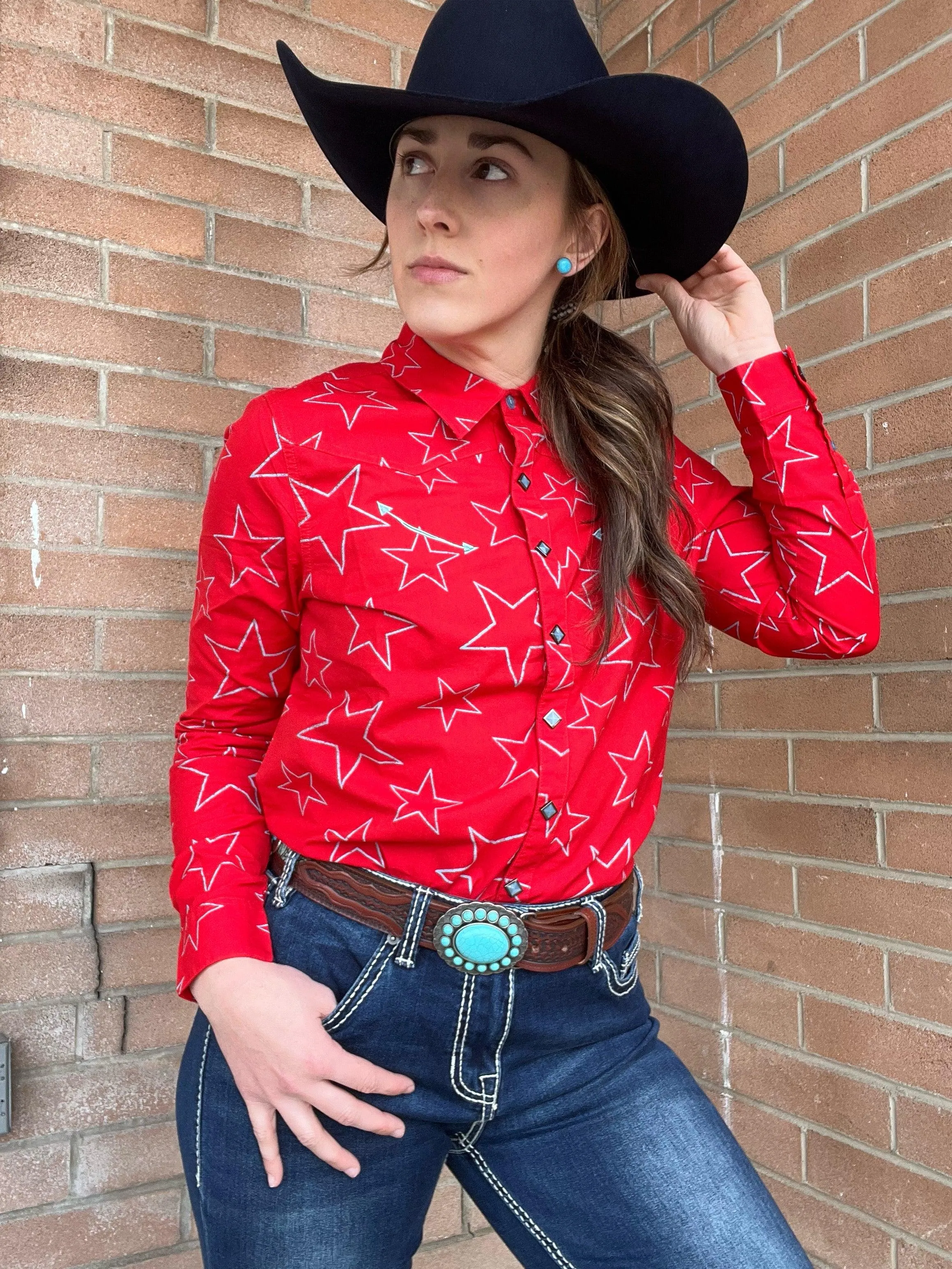 Cruel Girl Women's Red Stars Snap Long Sleeve Western Shirt CTW7325006