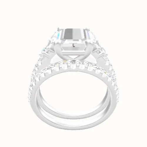 Diamond Band with Marquise & Round Diamond Sidestones Engagement Ring With Low Set Four Prong Head and Matching Band