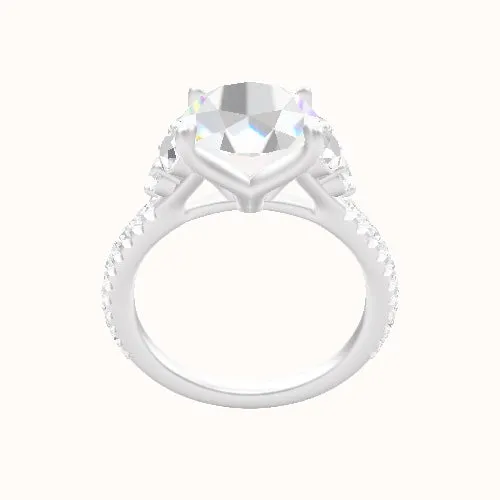 Diamond Band with Round Sidestone Trio Engagement Ring With Petal Four Prong Head