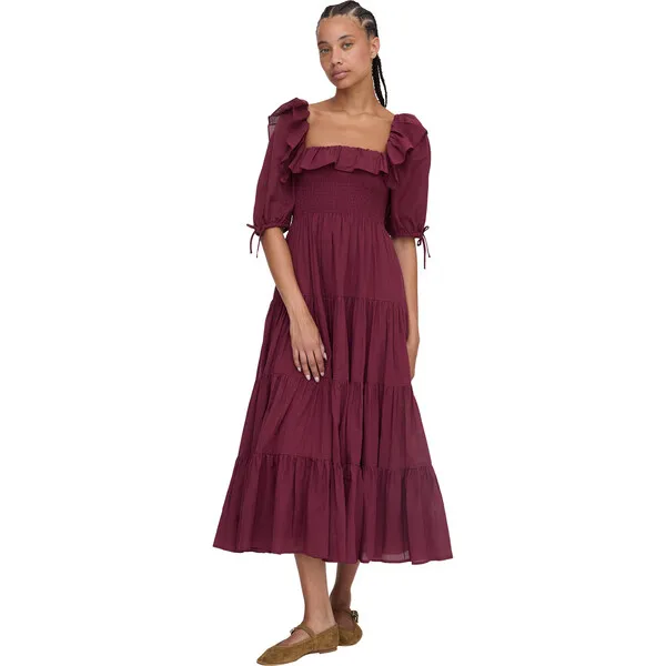 Hill House Home The Women's Corinne Square Neck Midi Sleeve Nap Dress, Burgundy Shadow Stripe