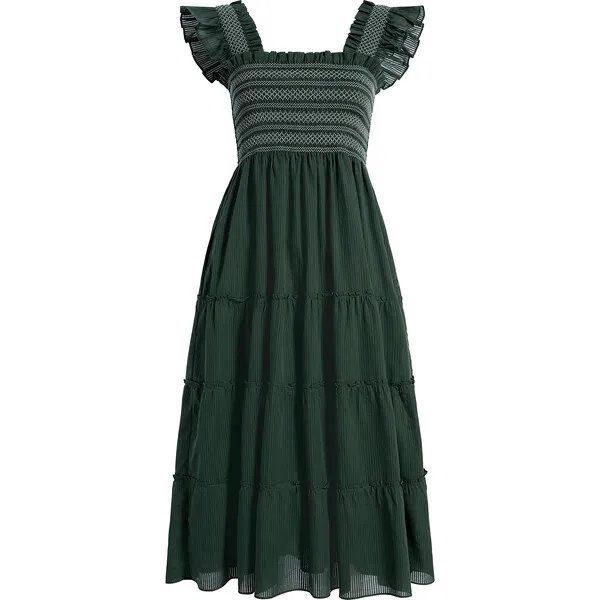 Hill House Home The Women's Ellie Ruffle Shoulder Smocked Tired Nap Dress, Green Shadow Stripe