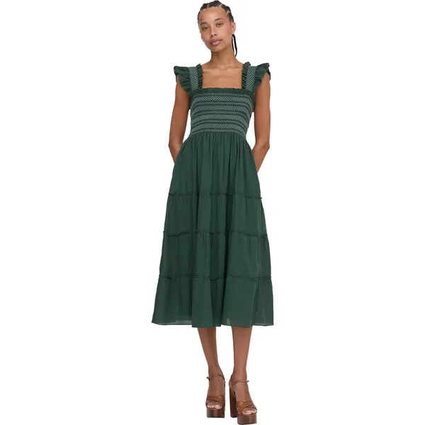 Hill House Home The Women's Ellie Ruffle Shoulder Smocked Tired Nap Dress, Green Shadow Stripe