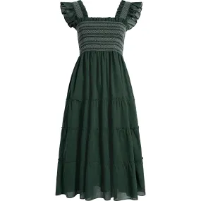 Hill House Home The Women's Ellie Ruffle Shoulder Smocked Tired Nap Dress, Green Shadow Stripe