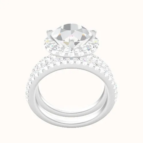 illusion Pave Engagement Ring With Petal Prong Halo Head and Matching Band