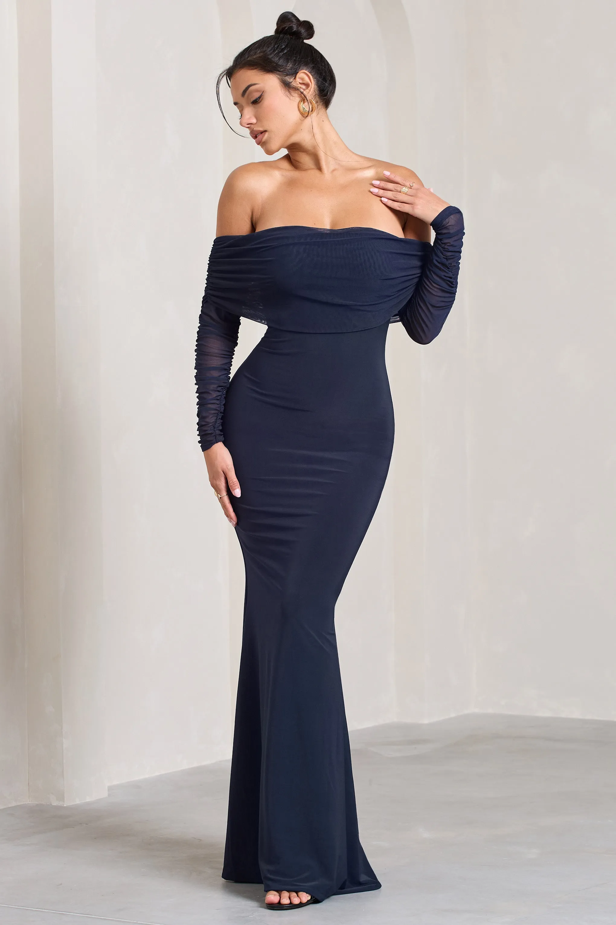 Madeleine | Navy Fishtail Maxi Dress With Bardot Mesh Long Sleeves