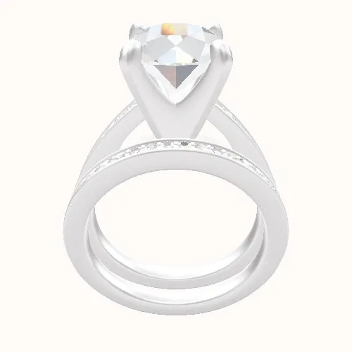 Micropave Cathedral Engagement Ring With Classic Four Prong Head and Matching Band