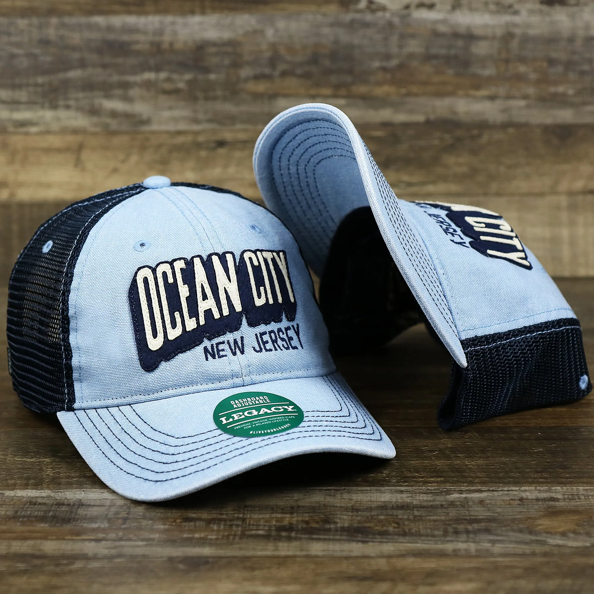 OCNJ Block Ocean City Wordmark Mesh Trucker Hat | Light Blue Trucker Hat