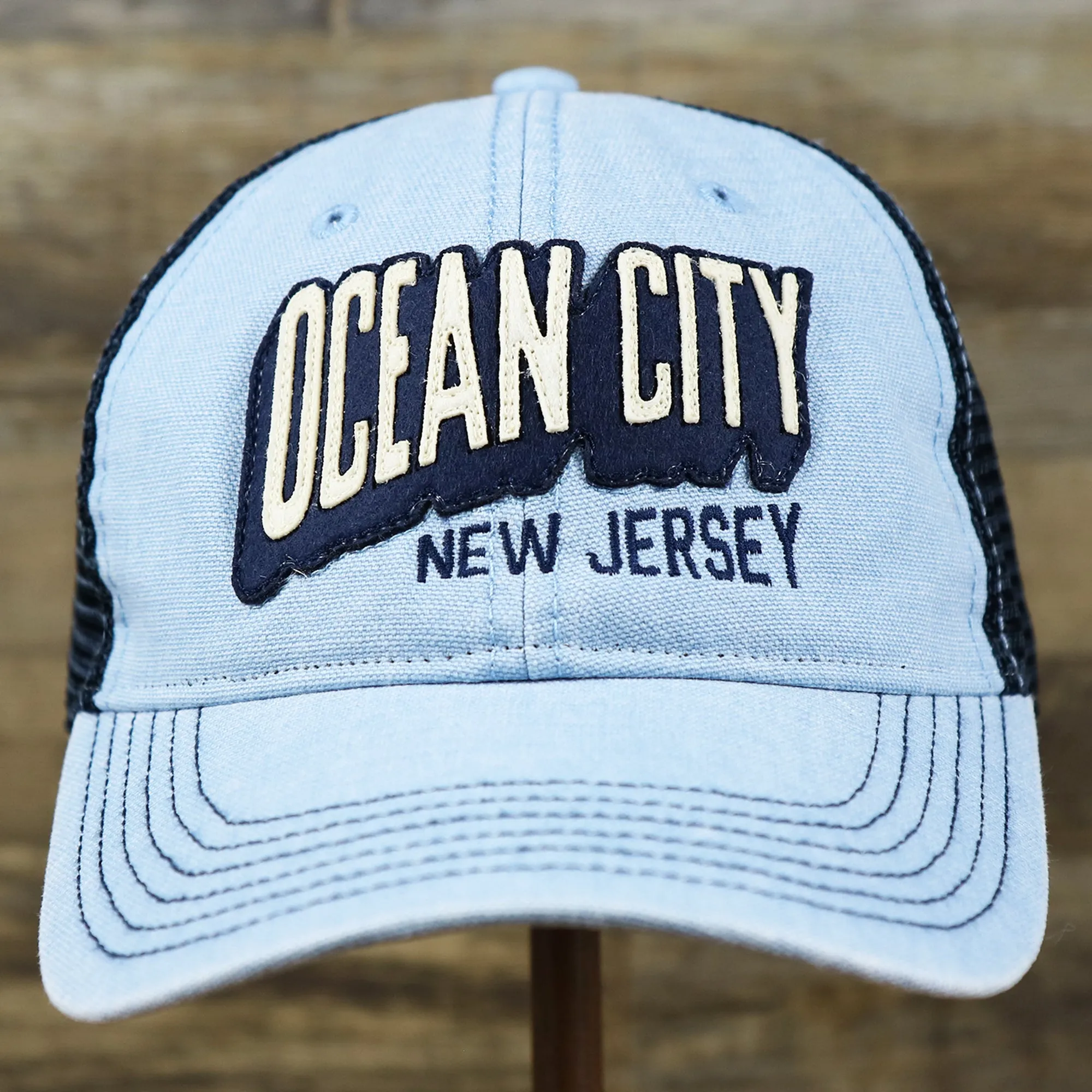 OCNJ Block Ocean City Wordmark Mesh Trucker Hat | Light Blue Trucker Hat