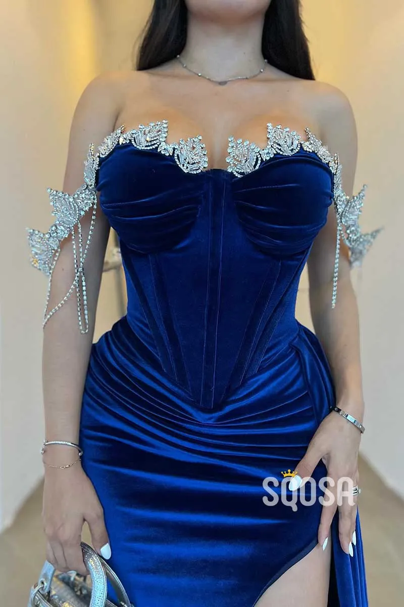 Off-Shoulder Beaded With Side Slit Fitted Party Prom Evening Dress QP3394