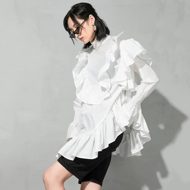 Okimi Asymmetrical Ruffle Long Sleeve Shirt - White