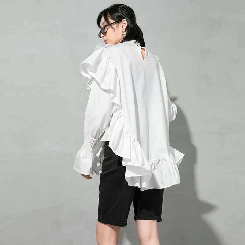 Okimi Asymmetrical Ruffle Long Sleeve Shirt - White