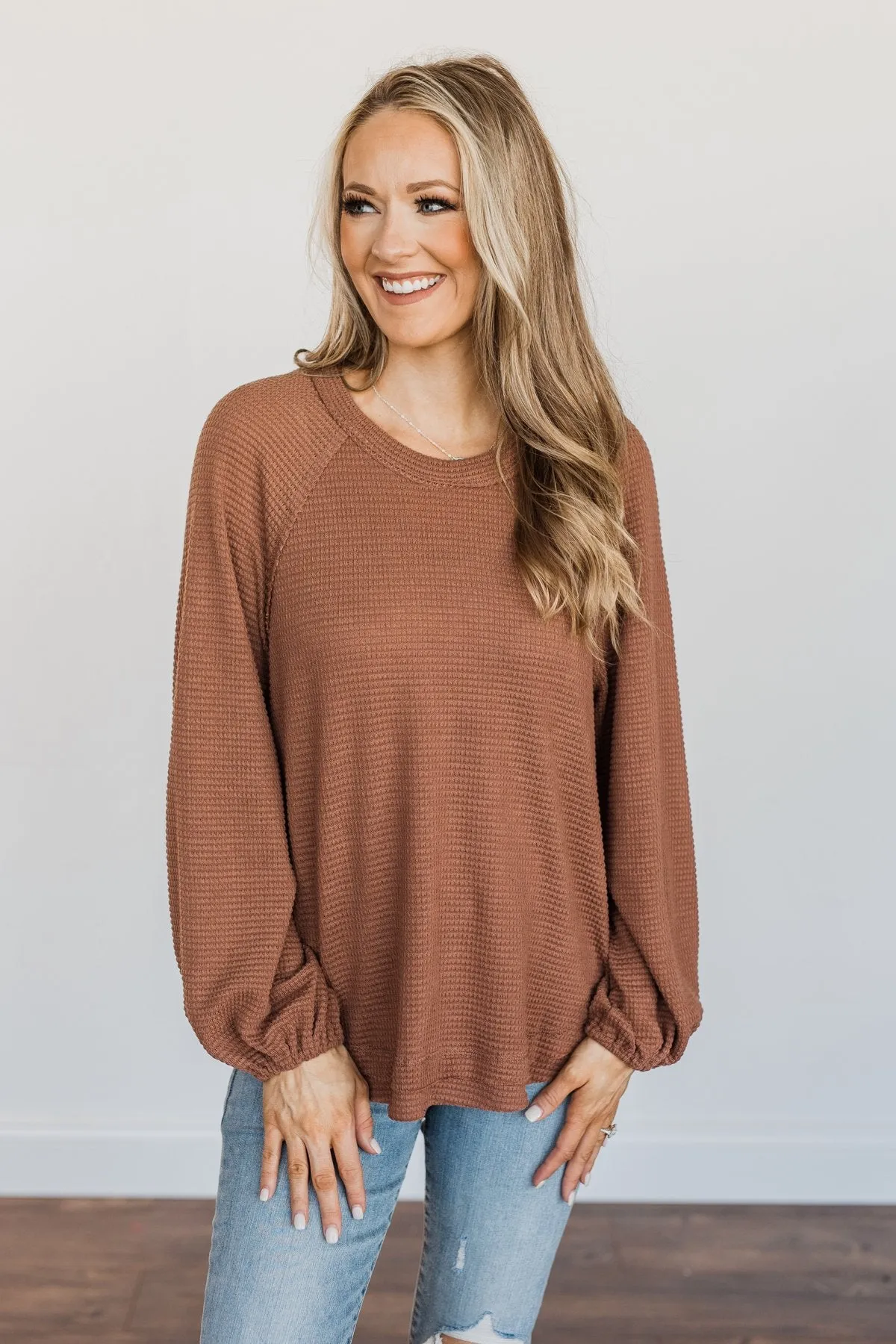 Out Of The Woods Waffle Knit Long Sleeve Top- Brown