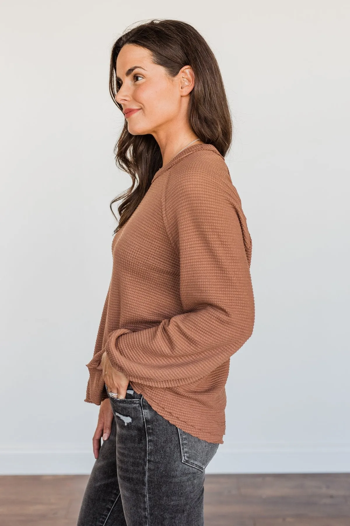 Out Of The Woods Waffle Knit Long Sleeve Top- Brown