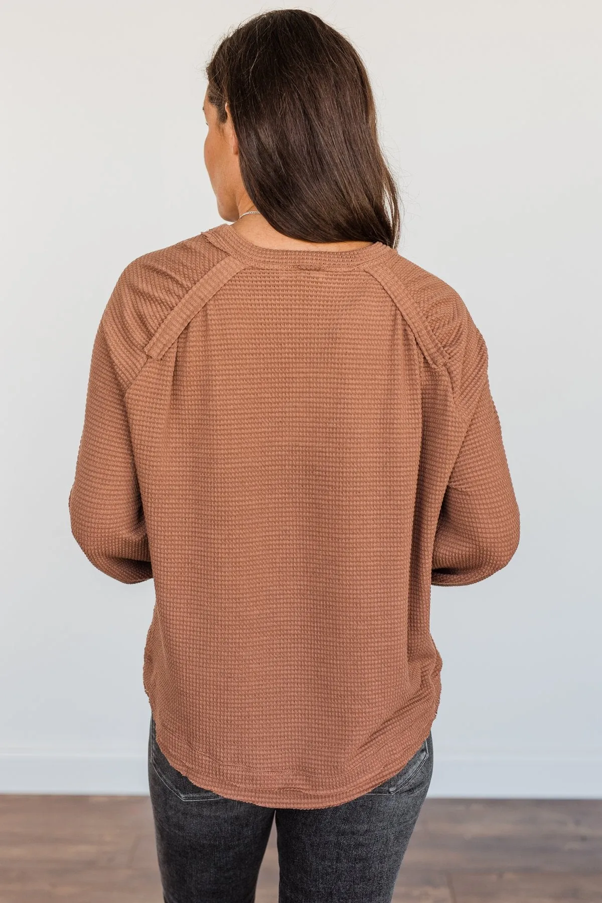 Out Of The Woods Waffle Knit Long Sleeve Top- Brown