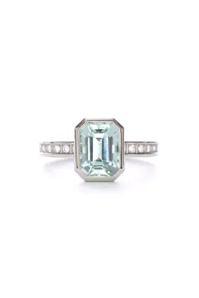 Pixel Dust Solitaire Ring - Emerald Cut Pale Green Tourmaline in White Gold