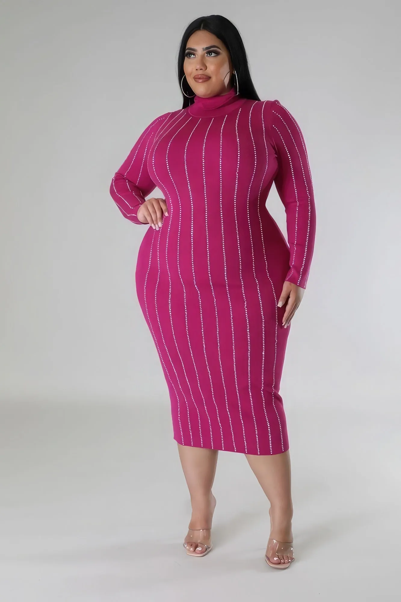 Plus Size Rhinestone Turtleneck Midi Dress