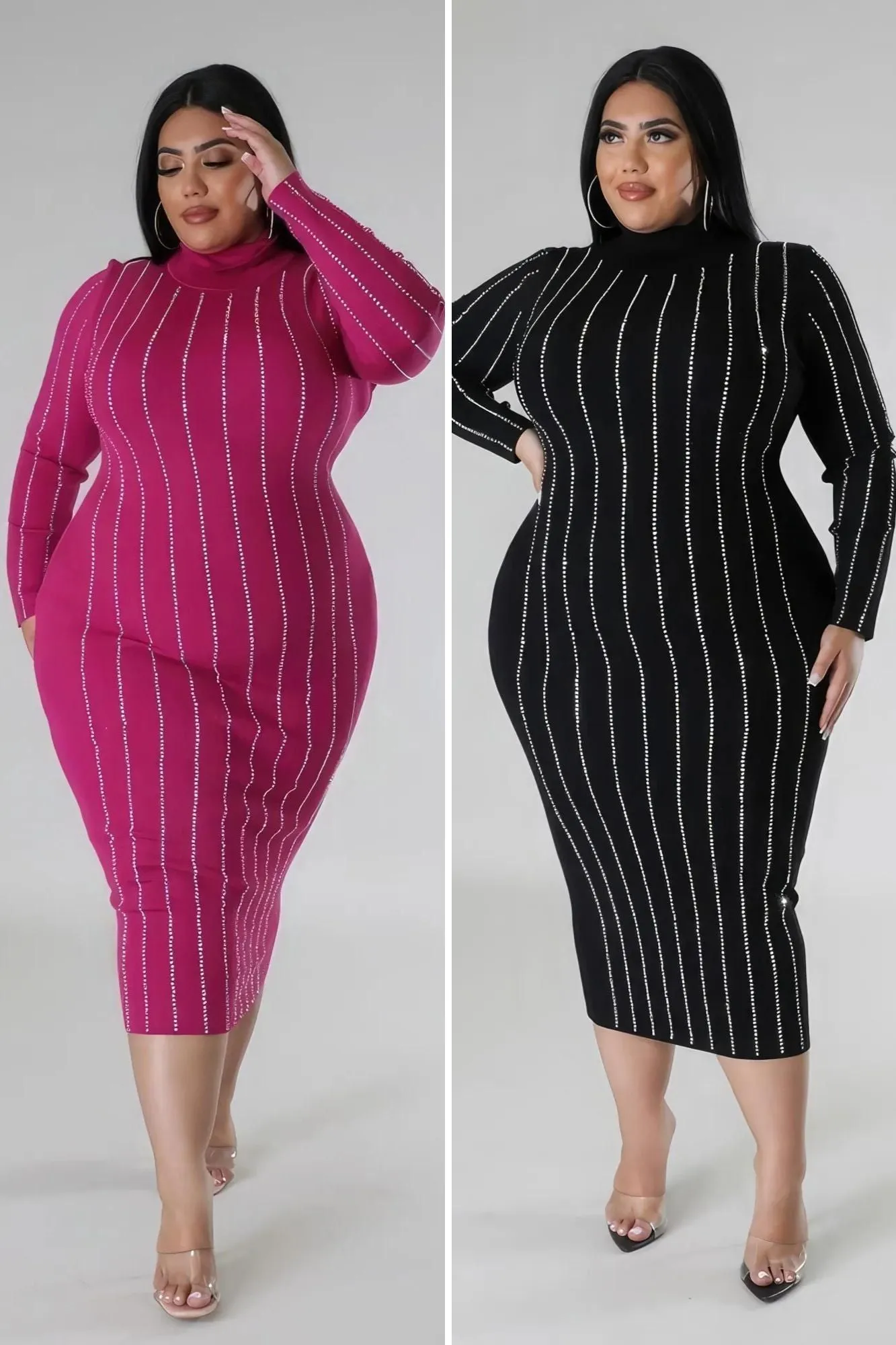 Plus Size Rhinestone Turtleneck Midi Dress