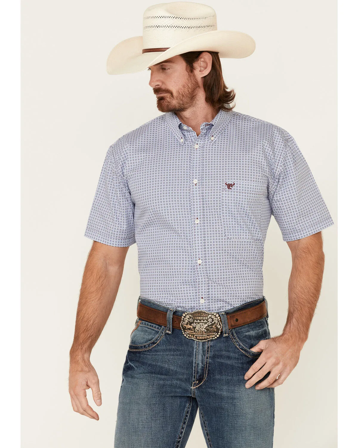 Product Name:  Cowboy Hardware Men's Two Tone Geo Print Short Sleeve Button Down Western Shirt