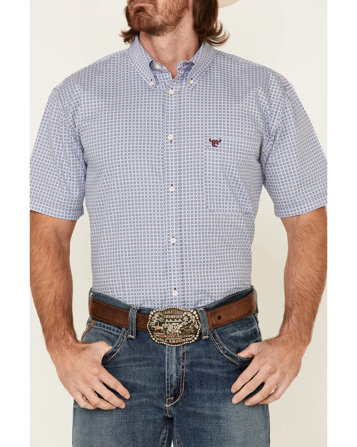 Product Name:  Cowboy Hardware Men's Two Tone Geo Print Short Sleeve Button Down Western Shirt