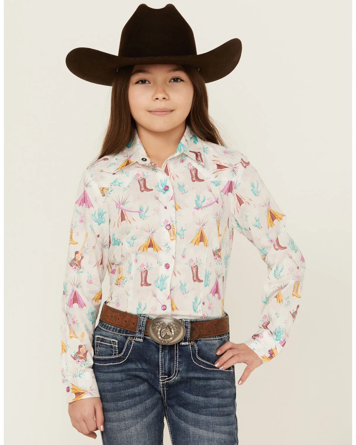 Product Name:  Cruel Girl Girls' Conversation Print Long Sleeve Pearl Snap Western Shirt