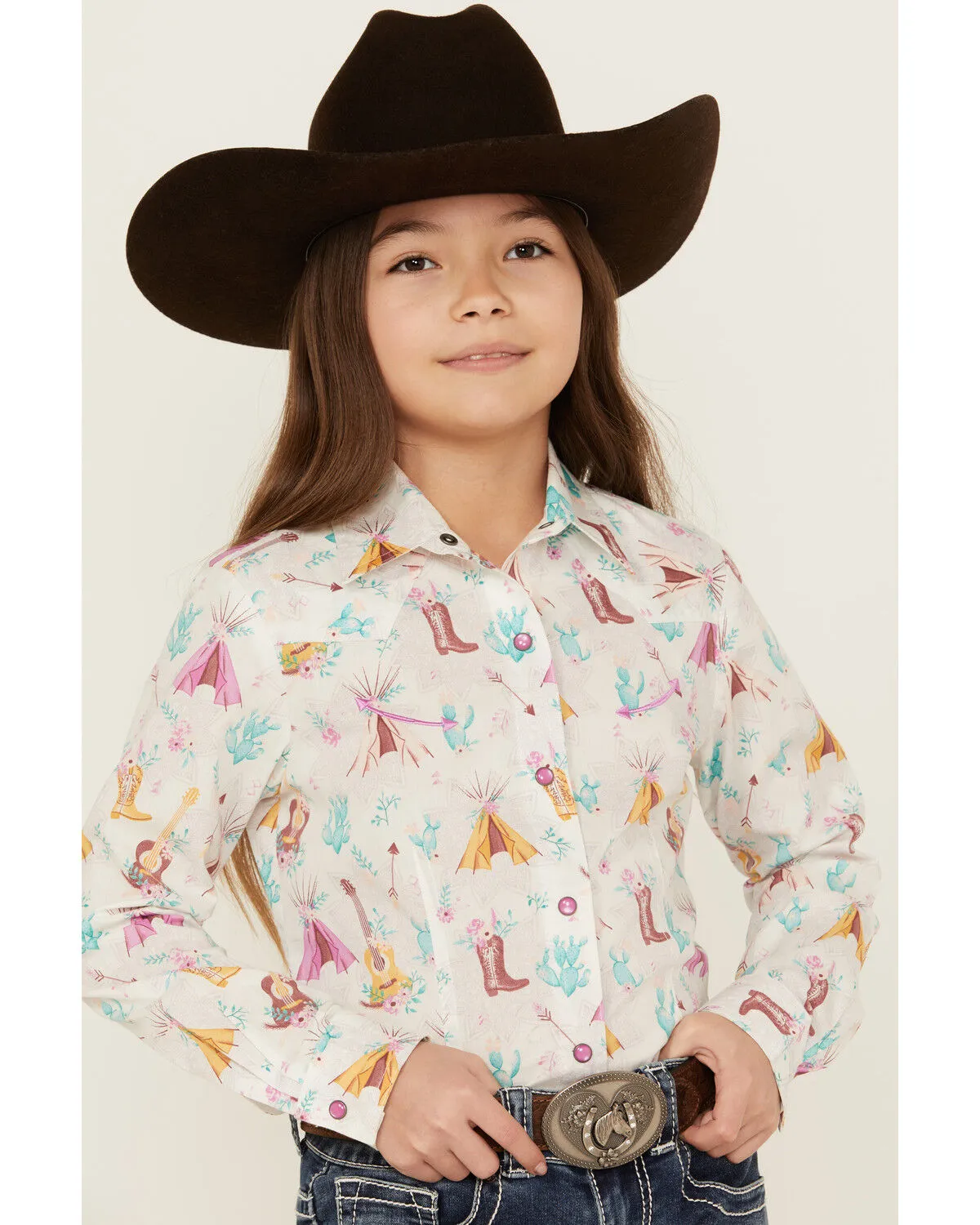 Product Name:  Cruel Girl Girls' Conversation Print Long Sleeve Pearl Snap Western Shirt