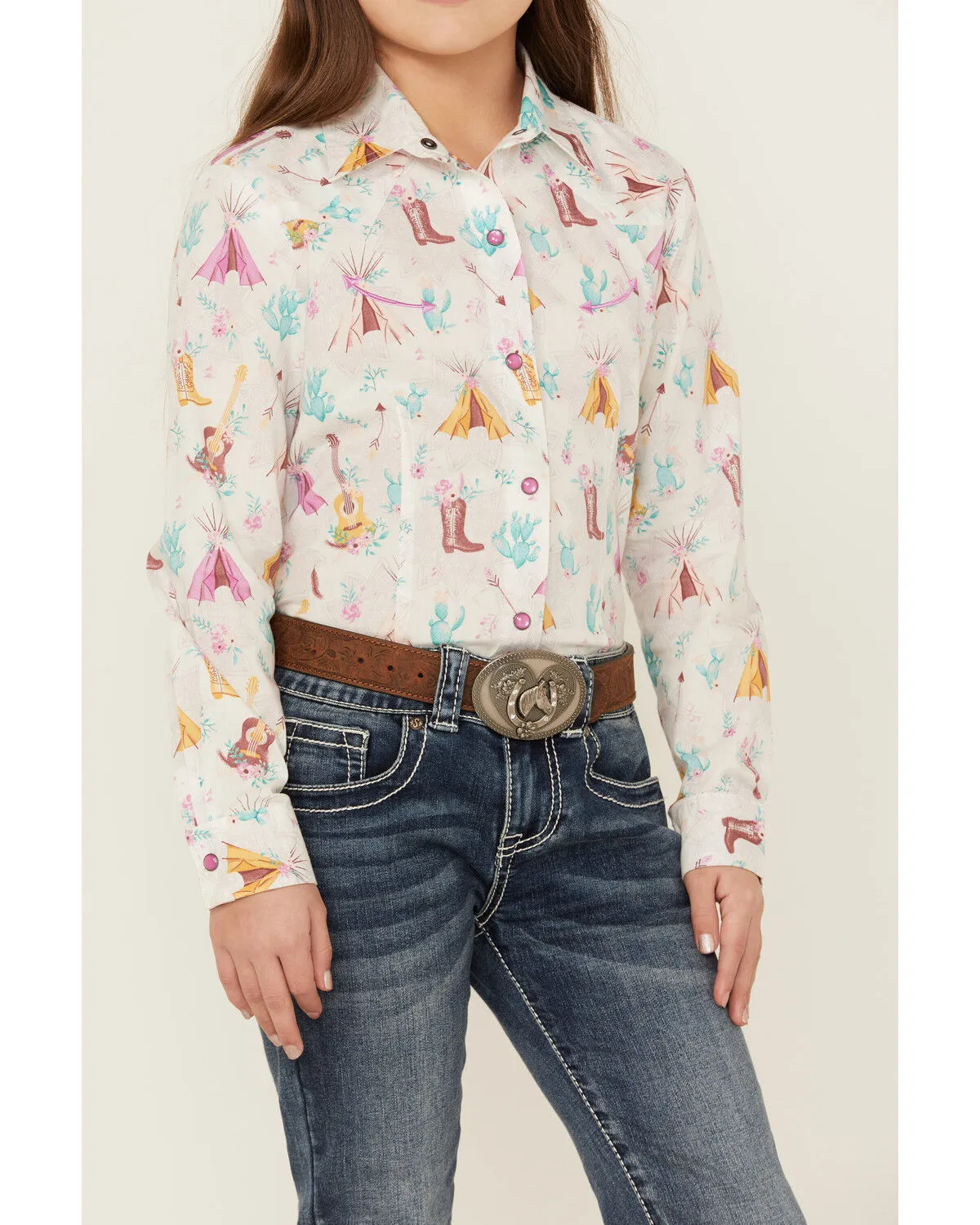 Product Name:  Cruel Girl Girls' Conversation Print Long Sleeve Pearl Snap Western Shirt