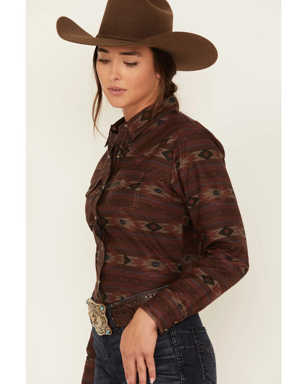 Product Name:  Cumberland Outfitters Women's Southwestern Stripe Print Long Sleeve Snap Western Shirt