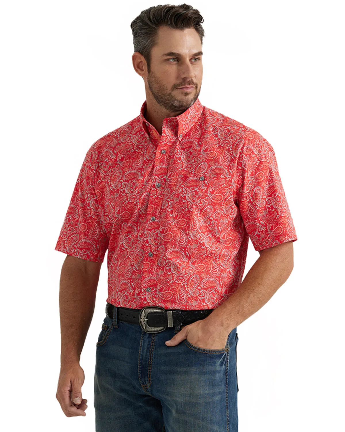 Product Name:  George Strait by Wrangler Men's Paisley Print Short Sleeve Button-Down Stretch Western Shirt - Tall