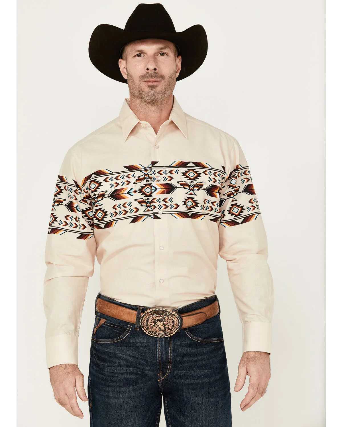 Product Name:  Panhandle Men's Southwestern Print Border Long Sleeve Pearl Snap Western Shirt