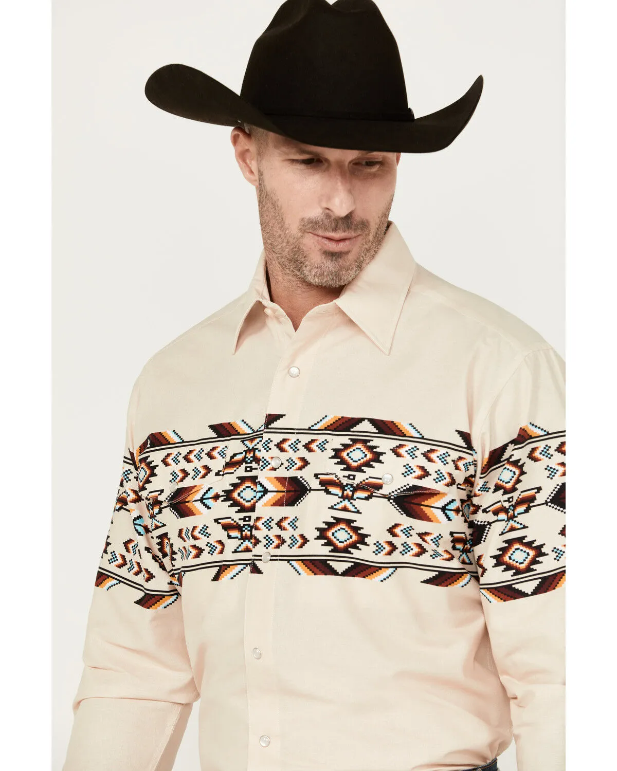 Product Name:  Panhandle Men's Southwestern Print Border Long Sleeve Pearl Snap Western Shirt