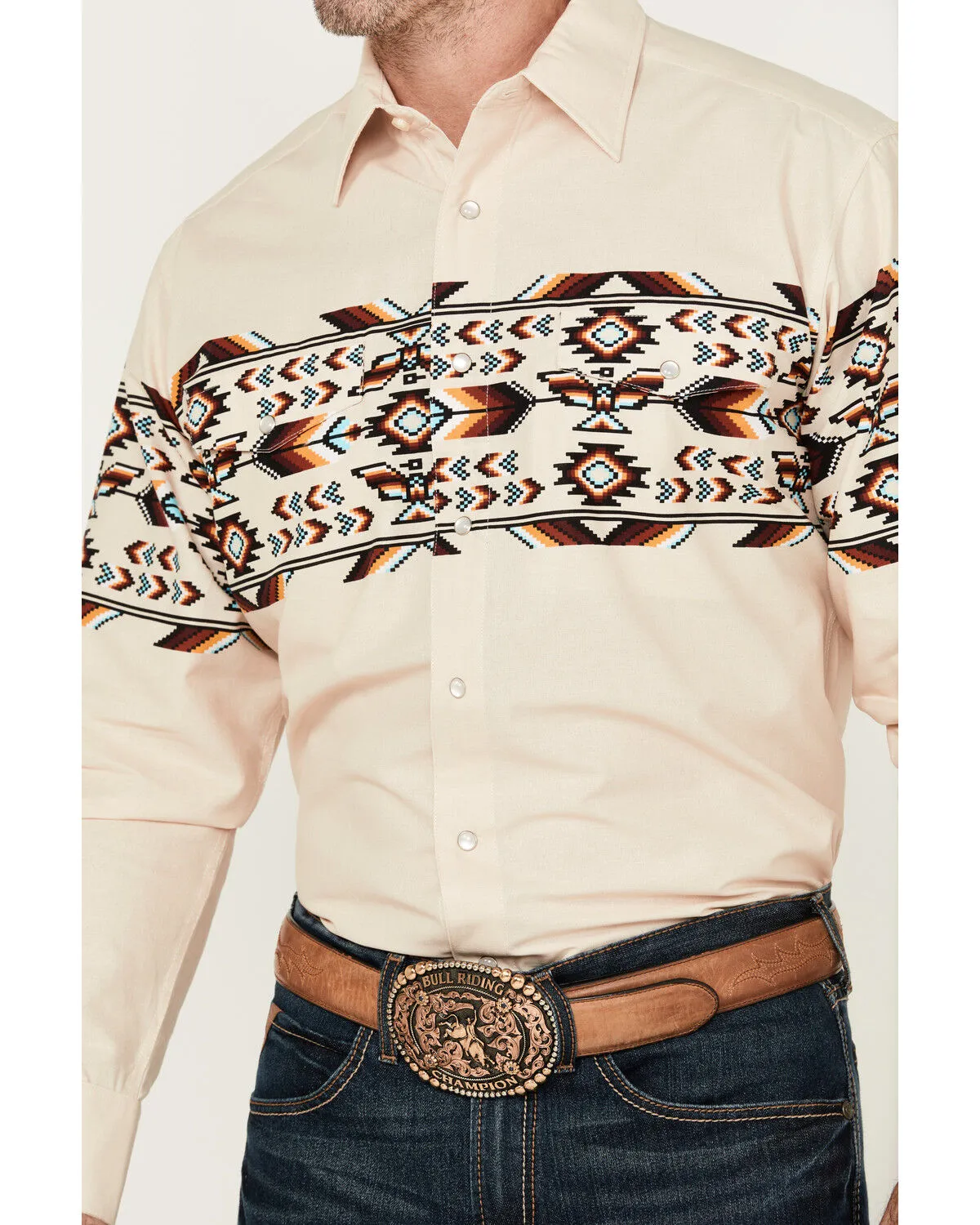 Product Name:  Panhandle Men's Southwestern Print Border Long Sleeve Pearl Snap Western Shirt