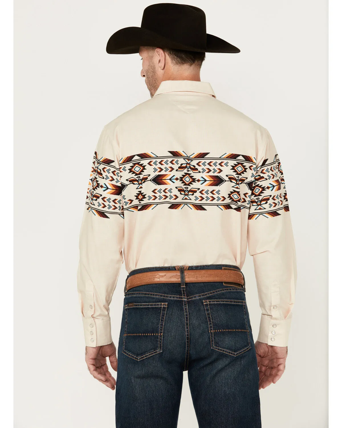 Product Name:  Panhandle Men's Southwestern Print Border Long Sleeve Pearl Snap Western Shirt